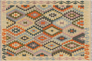 Flat Weave Kilim, Antique, Navaho, Vintage, Handmade, Geometric Kilim Blue Beige Hand-Woven Rectangle 100% Wool Area Rug 5 x 6